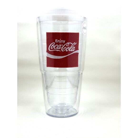 Coca-Cola Embroidered Red Patch 24oz "Enjoy" Tervis Tumbler Cup White Lid Clear - Picture 1 of 5